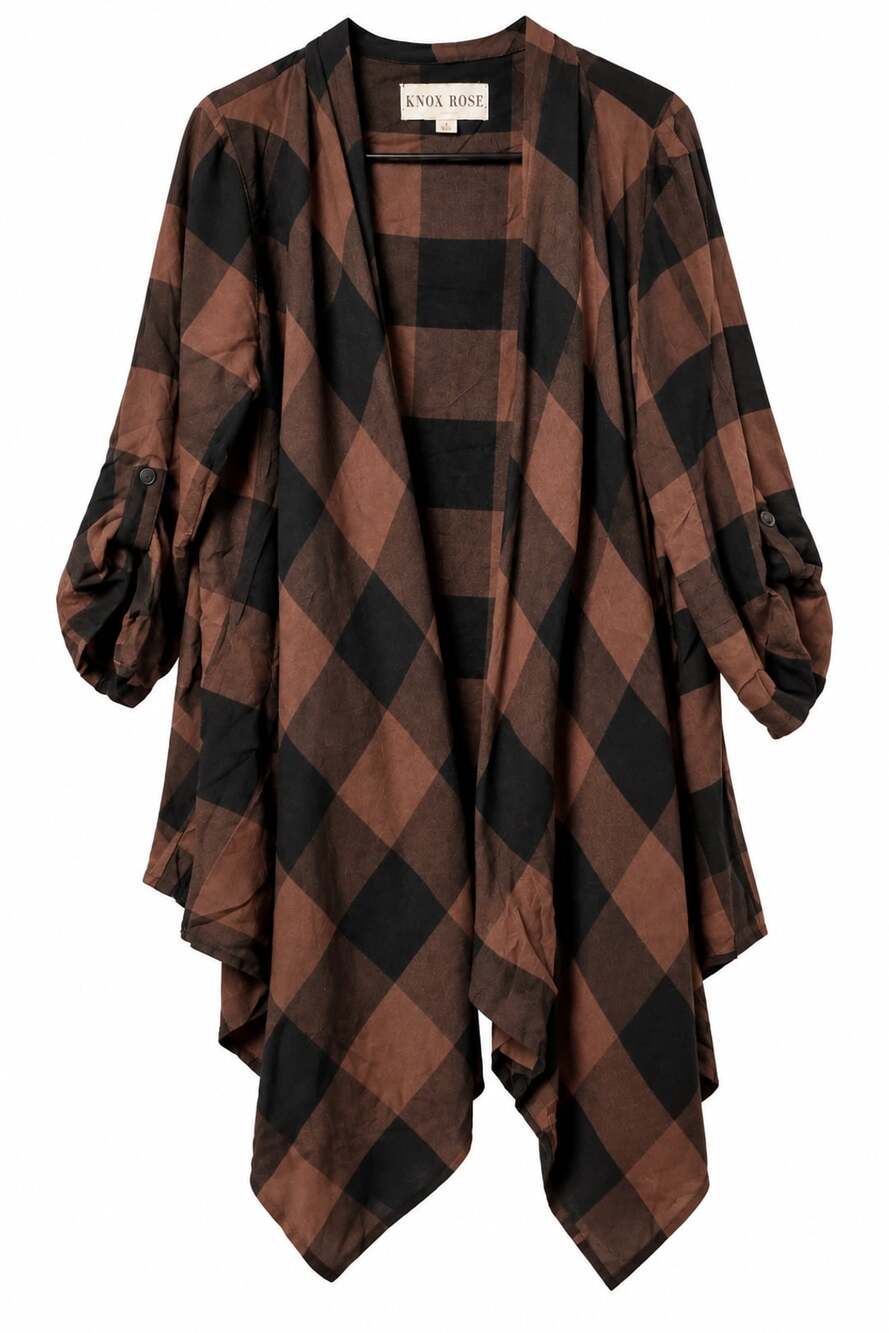Knox Rose Plaid Waterfall Cardigan Size L Brown Black Open Front - Picture 2 of 4
